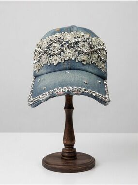 NWT Capelli New York Rhinestone & Lace Distressed Denim Baseball Cap